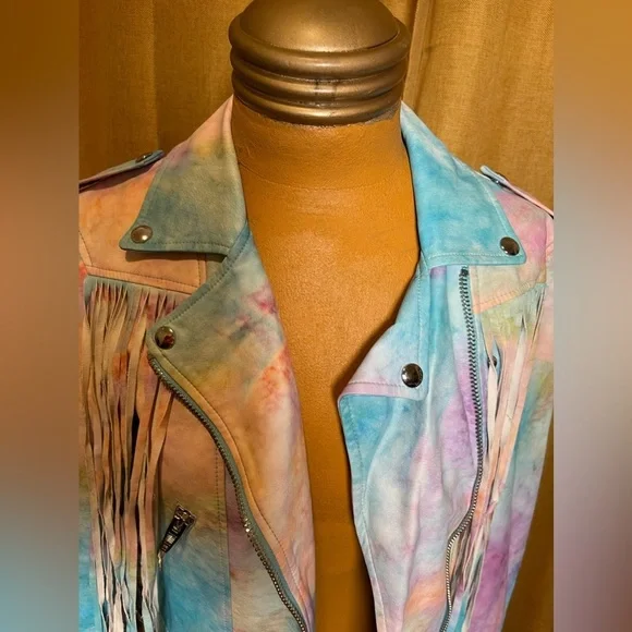 **RARE** Blank NYC Tie Dye Fringe Leather Moto Jacket - Picture 14 of 16